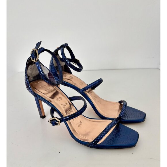 Ted Baker Heels 38 / US 7.5 Navy Strappy Heels Square Toe Ankle Strap Old Money - Picture 14 of 16